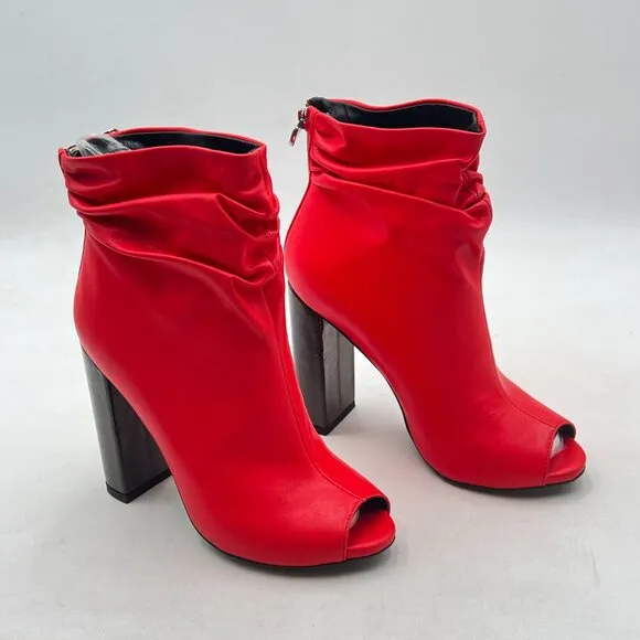 Red Women Stylish Peep Toe Slouch Ankle Boots Chunky Stacked Heels Party Shoes