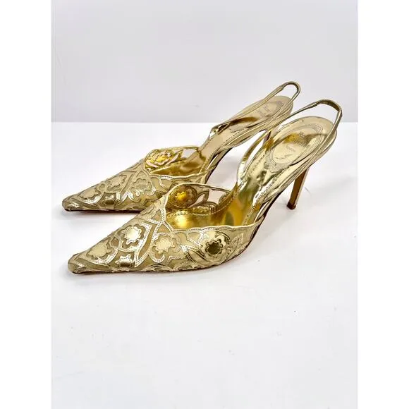 René Caovilla Size 8 Metallic Gold Lace luxury Slingback Stiletto Heels