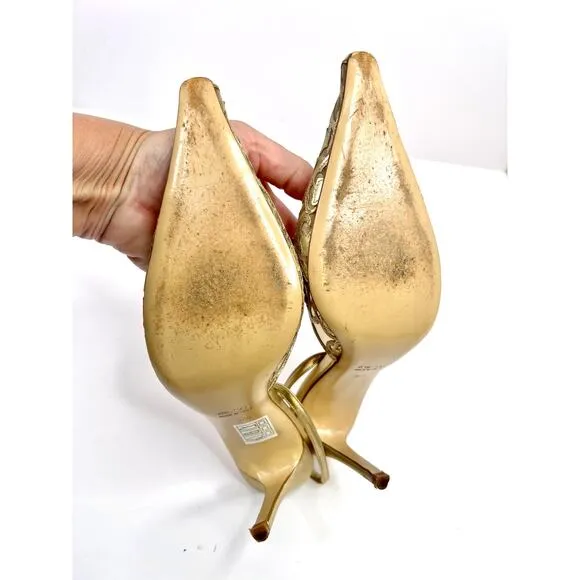 René Caovilla Size 8 Metallic Gold Lace luxury Slingback Stiletto Heels