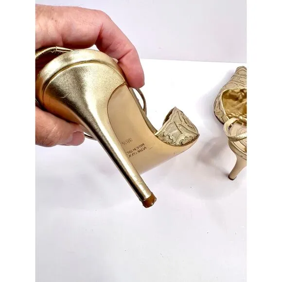René Caovilla Size 8 Metallic Gold Lace luxury Slingback Stiletto Heels