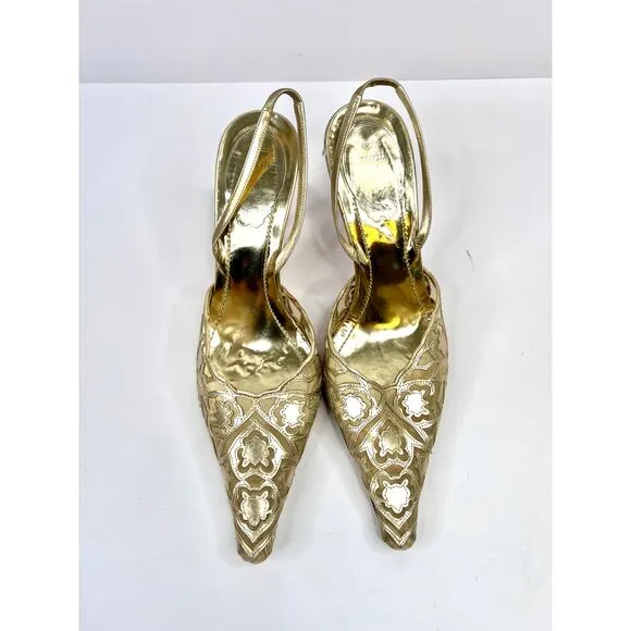 René Caovilla Size 8 Metallic Gold Lace luxury Slingback Stiletto Heels