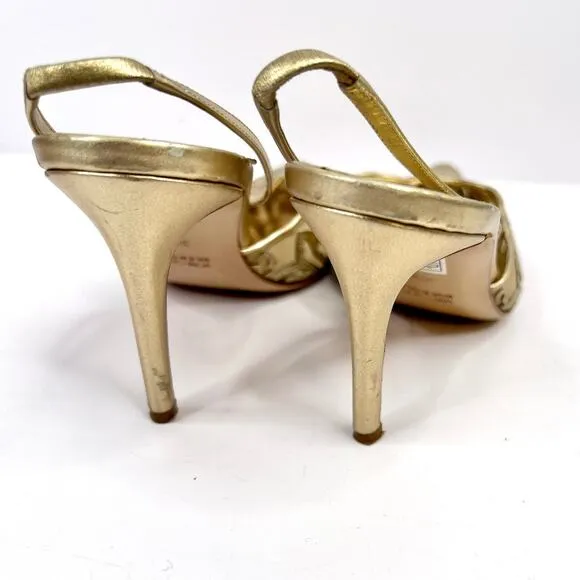 René Caovilla Size 8 Metallic Gold Lace luxury Slingback Stiletto Heels
