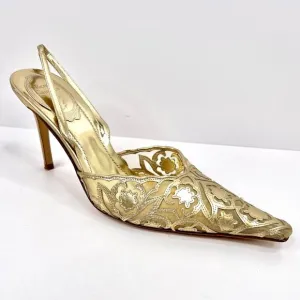René Caovilla Size 8 Metallic Gold Lace luxury Slingback Stiletto Heels