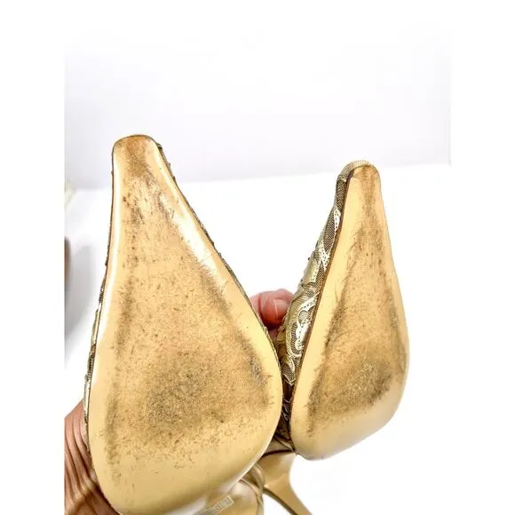 René Caovilla Size 8 Metallic Gold Lace luxury Slingback Stiletto Heels