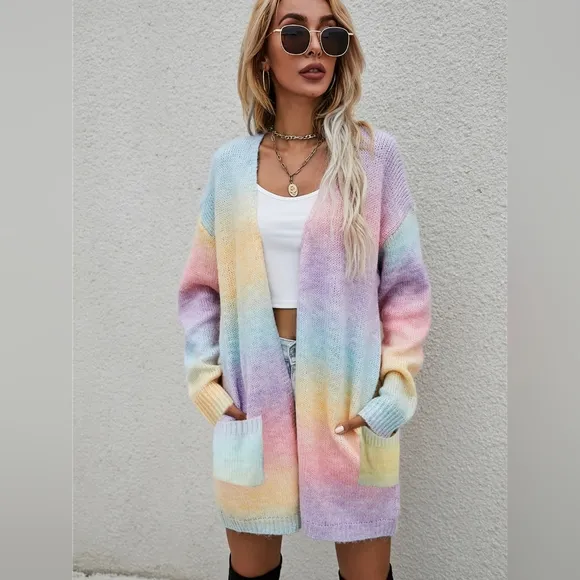 Retro Knit Longline Cardigan Colorful Ombre Patch Pocket Open Sweater Duster