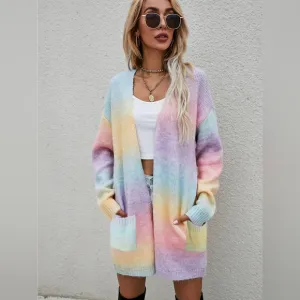 Retro Knit Longline Cardigan Colorful Ombre Patch Pocket Open Sweater Duster