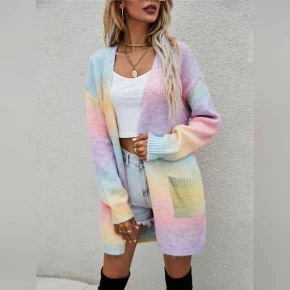 Retro Knit Longline Cardigan Colorful Ombre Patch Pocket Open Sweater Duster