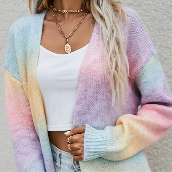 Retro Knit Longline Cardigan Colorful Ombre Patch Pocket Open Sweater Duster