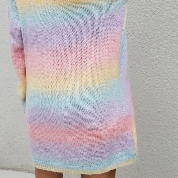 Retro Knit Longline Cardigan Colorful Ombre Patch Pocket Open Sweater Duster