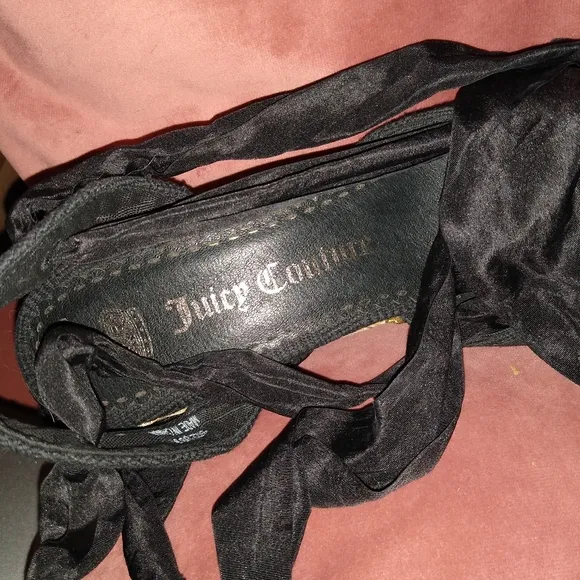 Ribbon Ankle Wrap Tie Juicy Couture Black Wedge Heel Espadrilles Sandals
