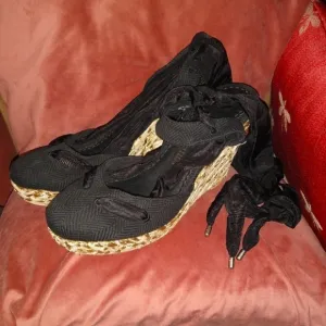 Ribbon Ankle Wrap Tie Juicy Couture Black Wedge Heel Espadrilles Sandals