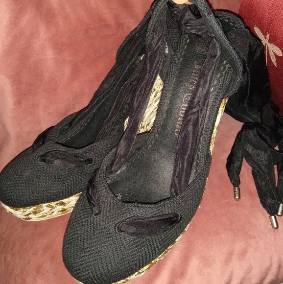 Ribbon Ankle Wrap Tie Juicy Couture Black Wedge Heel Espadrilles Sandals