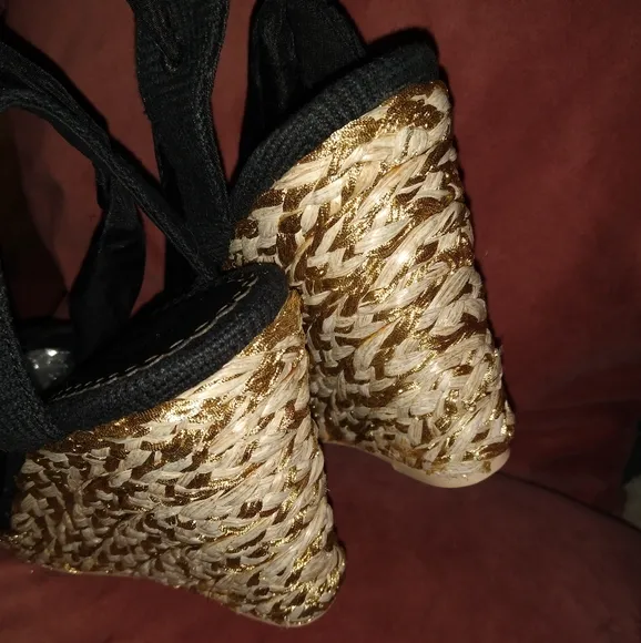 Ribbon Ankle Wrap Tie Juicy Couture Black Wedge Heel Espadrilles Sandals