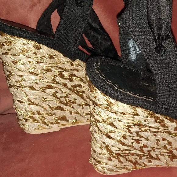Ribbon Ankle Wrap Tie Juicy Couture Black Wedge Heel Espadrilles Sandals