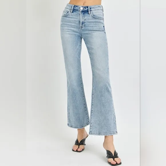 RISEN High-Rise Waist Slim Pants Wide Ankle Flare Hem Retro Denim Blue Jeans