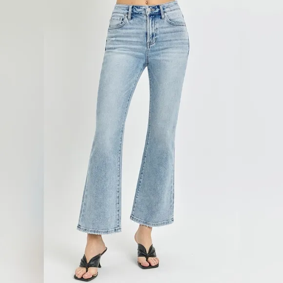 RISEN High-Rise Waist Slim Pants Wide Ankle Flare Hem Retro Denim Blue Jeans