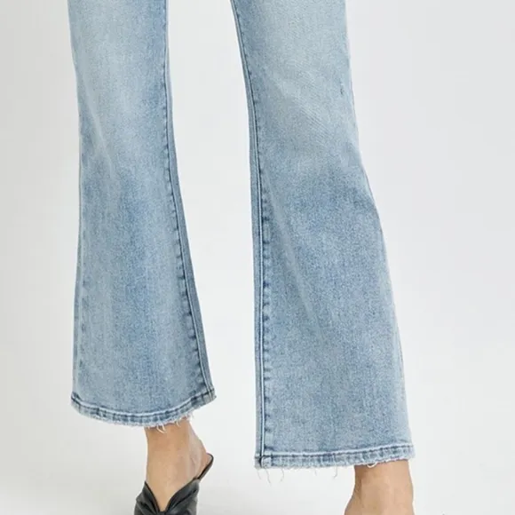 RISEN High-Rise Waist Slim Pants Wide Ankle Flare Hem Retro Denim Blue Jeans
