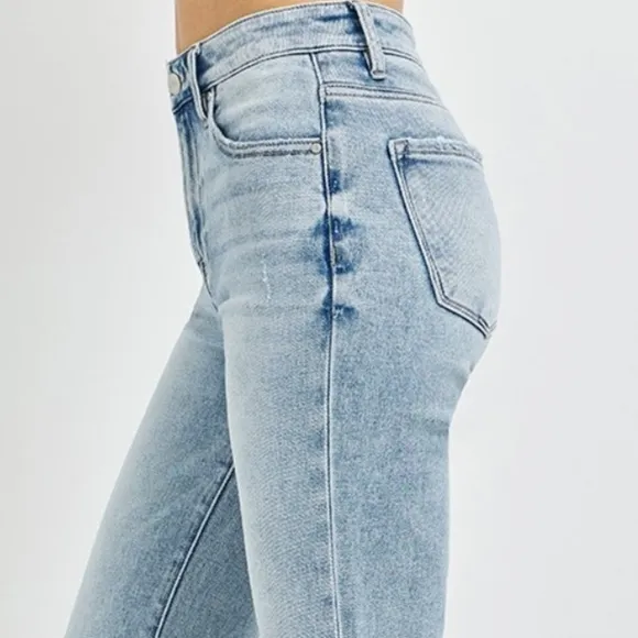 RISEN High-Rise Waist Slim Pants Wide Ankle Flare Hem Retro Denim Blue Jeans