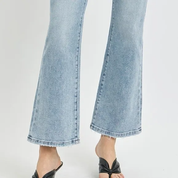RISEN High-Rise Waist Slim Pants Wide Ankle Flare Hem Retro Denim Blue Jeans