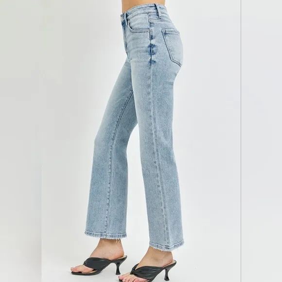RISEN High-Rise Waist Slim Pants Wide Ankle Flare Hem Retro Denim Blue Jeans
