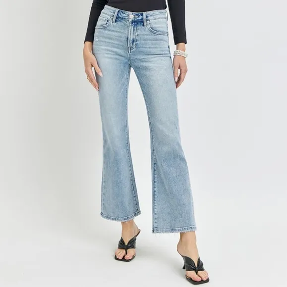 RISEN High-Rise Waist Slim Pants Wide Ankle Flare Hem Retro Denim Blue Jeans