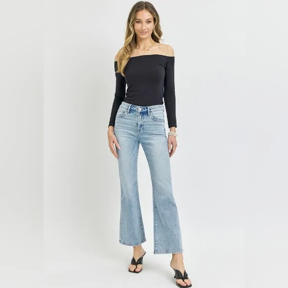 RISEN High-Rise Waist Slim Pants Wide Ankle Flare Hem Retro Denim Blue Jeans