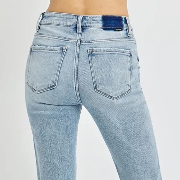 RISEN High-Rise Waist Slim Pants Wide Ankle Flare Hem Retro Denim Blue Jeans