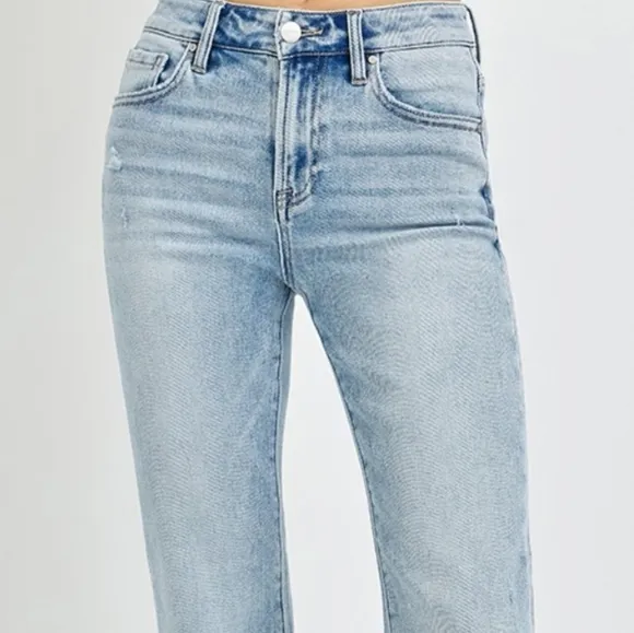 RISEN High-Rise Waist Slim Pants Wide Ankle Flare Hem Retro Denim Blue Jeans