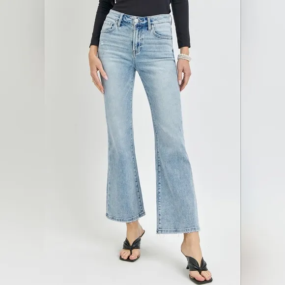RISEN High-Rise Waist Slim Pants Wide Ankle Flare Hem Retro Denim Blue Jeans