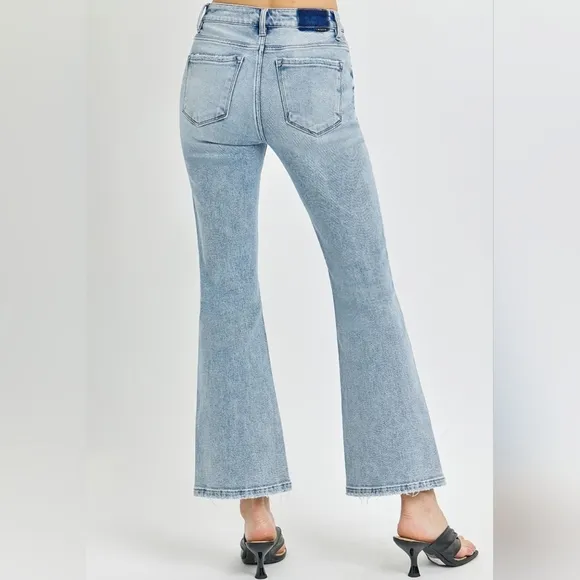 RISEN High-Rise Waist Slim Pants Wide Ankle Flare Hem Retro Denim Blue Jeans