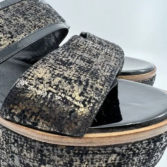 ROBERT CLERGERIE bronze leather platform Wedge sandals 39‎ Patent Trim Women 8.5