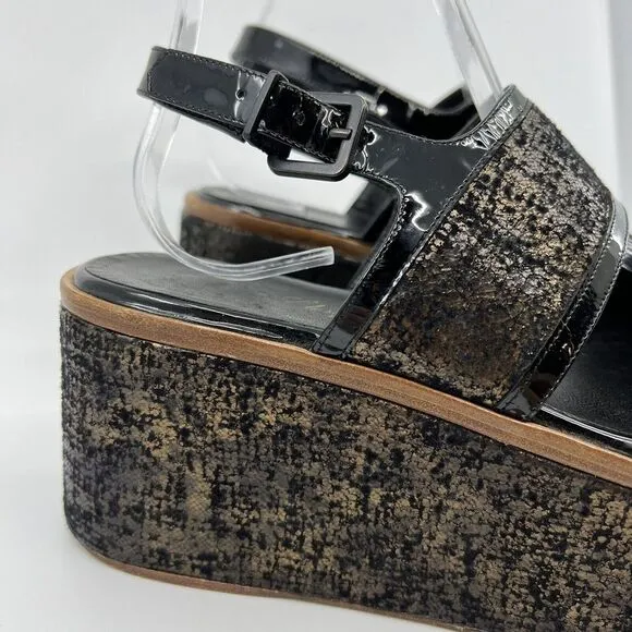 ROBERT CLERGERIE bronze leather platform Wedge sandals 39‎ Patent Trim Women 8.5