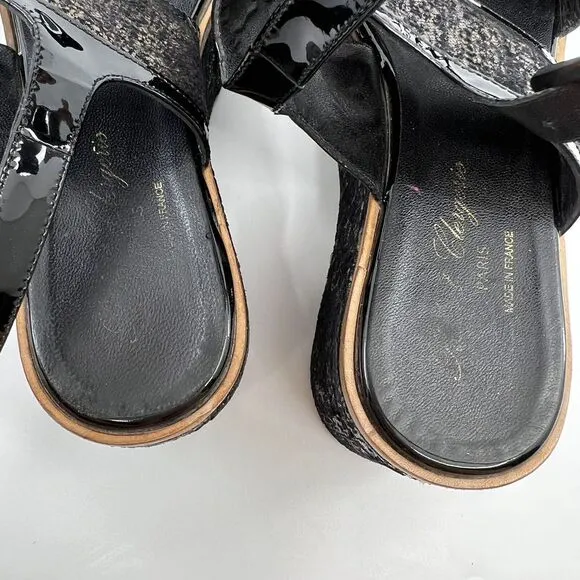 ROBERT CLERGERIE bronze leather platform Wedge sandals 39‎ Patent Trim Women 8.5