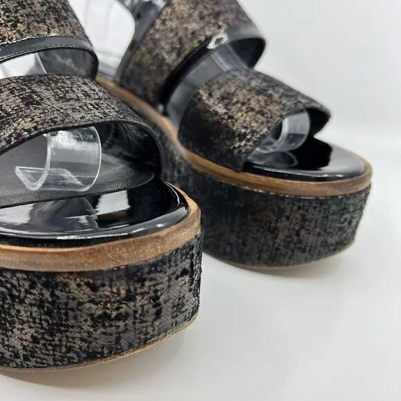 ROBERT CLERGERIE bronze leather platform Wedge sandals 39‎ Patent Trim Women 8.5