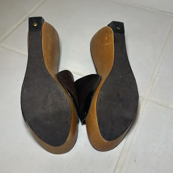 Robert Clergerie Wooden Platform Sandals Brown Leather, size 6.5 W