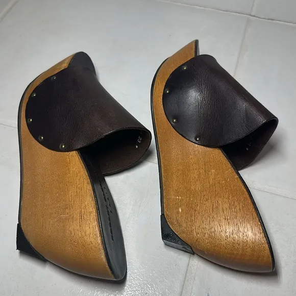 Robert Clergerie Wooden Platform Sandals Brown Leather, size 6.5 W