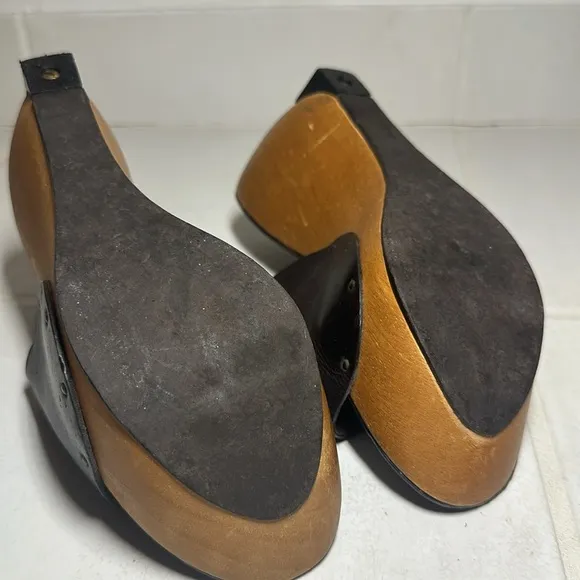 Robert Clergerie Wooden Platform Sandals Brown Leather, size 6.5 W