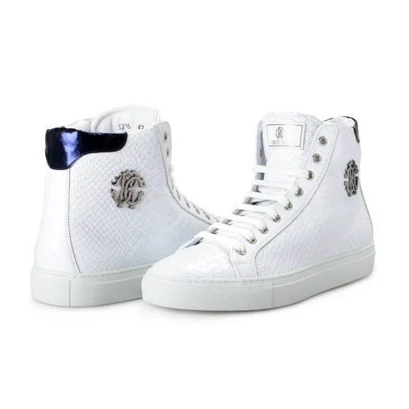 Roberto Cavalli Men's White Textured Leather High Top Fashion Sneakers Shoes