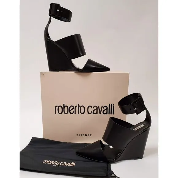 ROBERTO CAVALLI SHOES BLACK LEATHER POINTED TOE WEDGE PUMPS sz IT 39 US 9