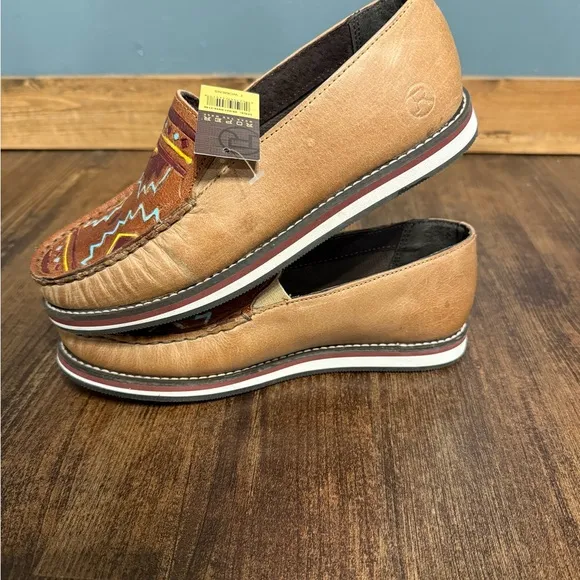 Roper Brown and Tan Slip-On Shoes with Aztec Design