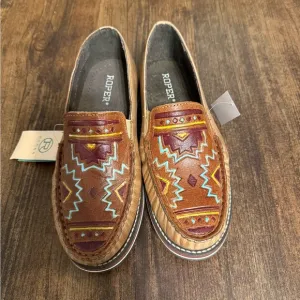 Roper Brown and Tan Slip-On Shoes with Aztec Design
