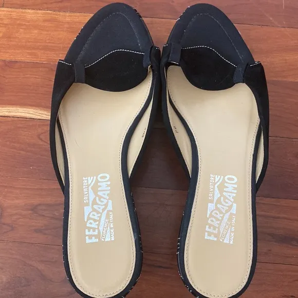 Salvatore Ferragamo Black Leather and Suede Wedge Sandal