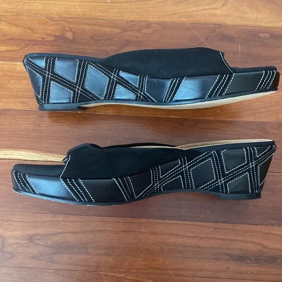 Salvatore Ferragamo Black Leather and Suede Wedge Sandal