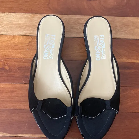 Salvatore Ferragamo Black Leather and Suede Wedge Sandal