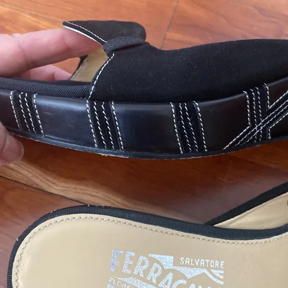 Salvatore Ferragamo Black Leather and Suede Wedge Sandal