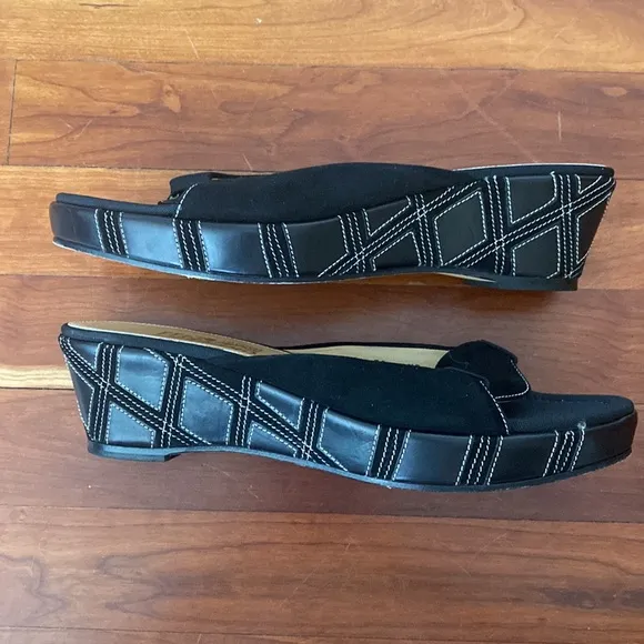 Salvatore Ferragamo Black Leather and Suede Wedge Sandal
