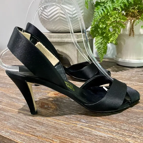 Salvatore Ferragamo Black Satin Slingback Luxury Italian Heels Evening Shoe
