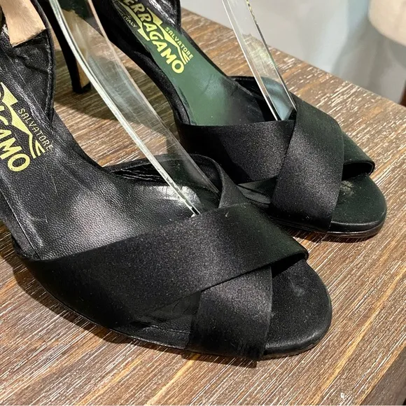 Salvatore Ferragamo Black Satin Slingback Luxury Italian Heels Evening Shoe
