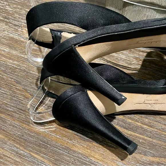 Salvatore Ferragamo Black Satin Slingback Luxury Italian Heels Evening Shoe