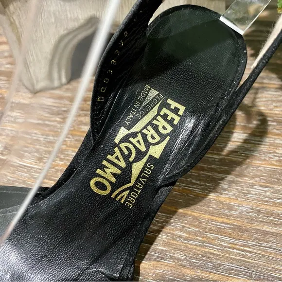 Salvatore Ferragamo Black Satin Slingback Luxury Italian Heels Evening Shoe
